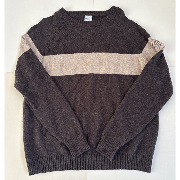 Columbia Sportswear Mens XL Brown Beige Striped Wool Blend Sweater Logo Sleeve - Picture 1 of 6